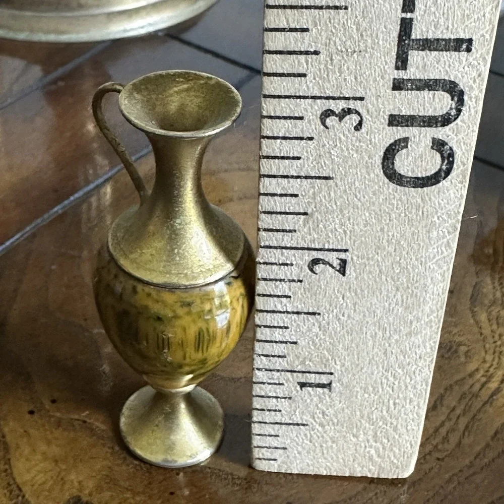 Vintage Miniature 3 Inch Brass Vase Handle‎ Yellow Enamel Acrylic Dollhouse